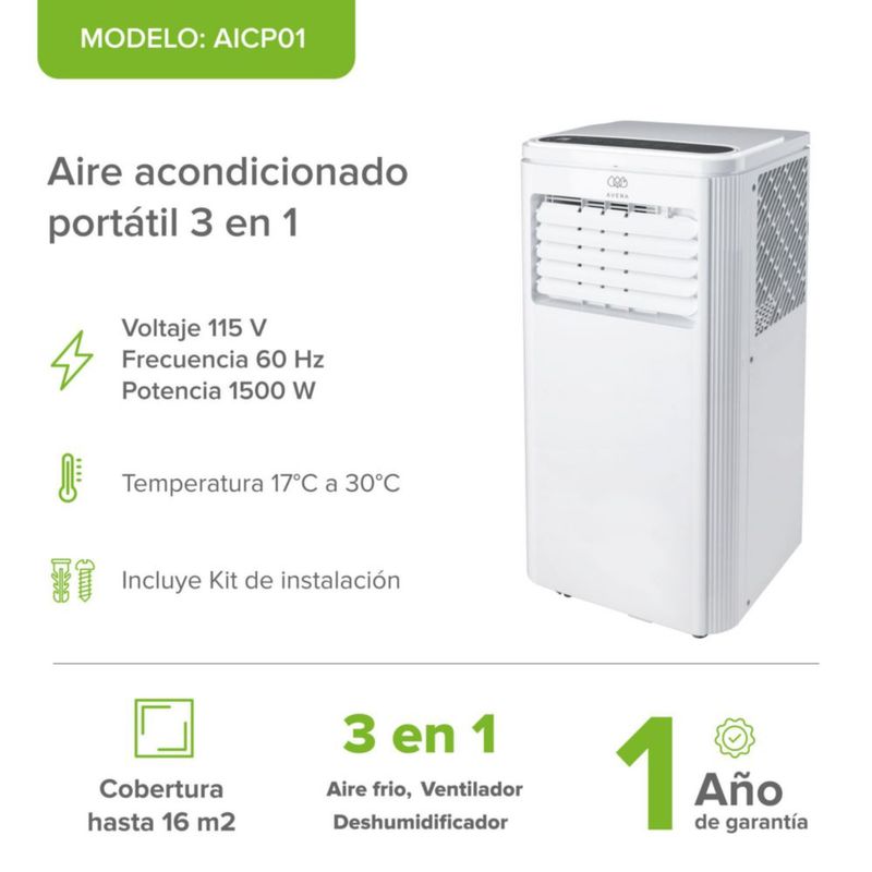 Aire acondicionado portátil 3 en 1 Enfriador, Ventilador y Deshumidificador Cobertura 16 m2 Control Remoto 115v Avera AICP01