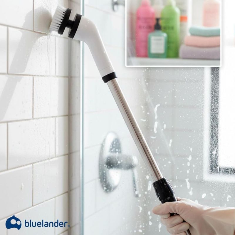 Bluelander Cepillo Eléctrico de Limpieza para Baño, 5 Cabezales Intercambiables, Inalámbrico, Recargable USB, Mango Ajustable.