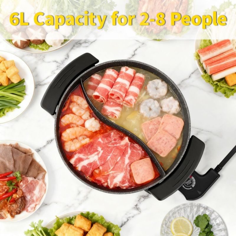 Olla eléctrica para fiestas de comida con divisor, olla eléctrica para cocinar shabu shabu, 110 V, 1200 W, antiadherente, 6 cuar