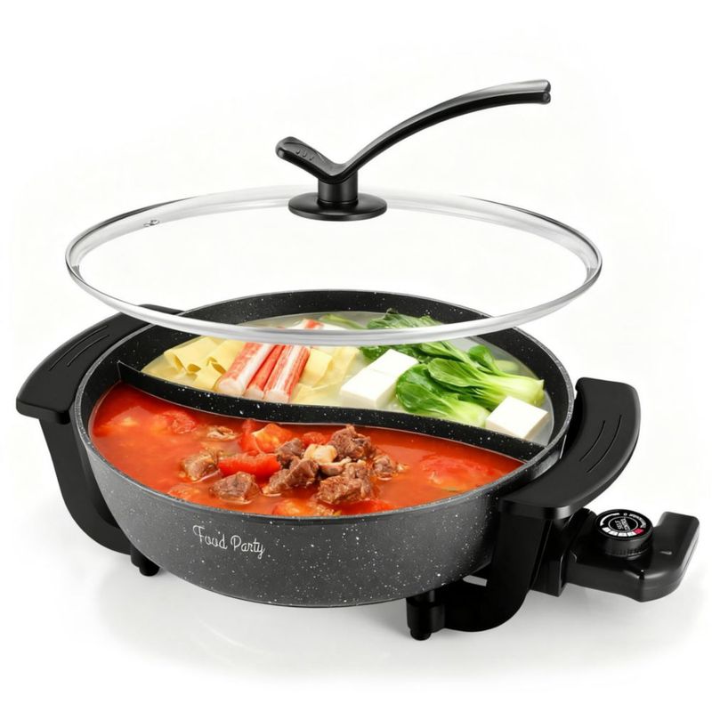 Olla eléctrica para fiestas de comida con divisor, olla eléctrica para cocinar shabu shabu, 110 V, 1200 W, antiadherente, 6 cuar
