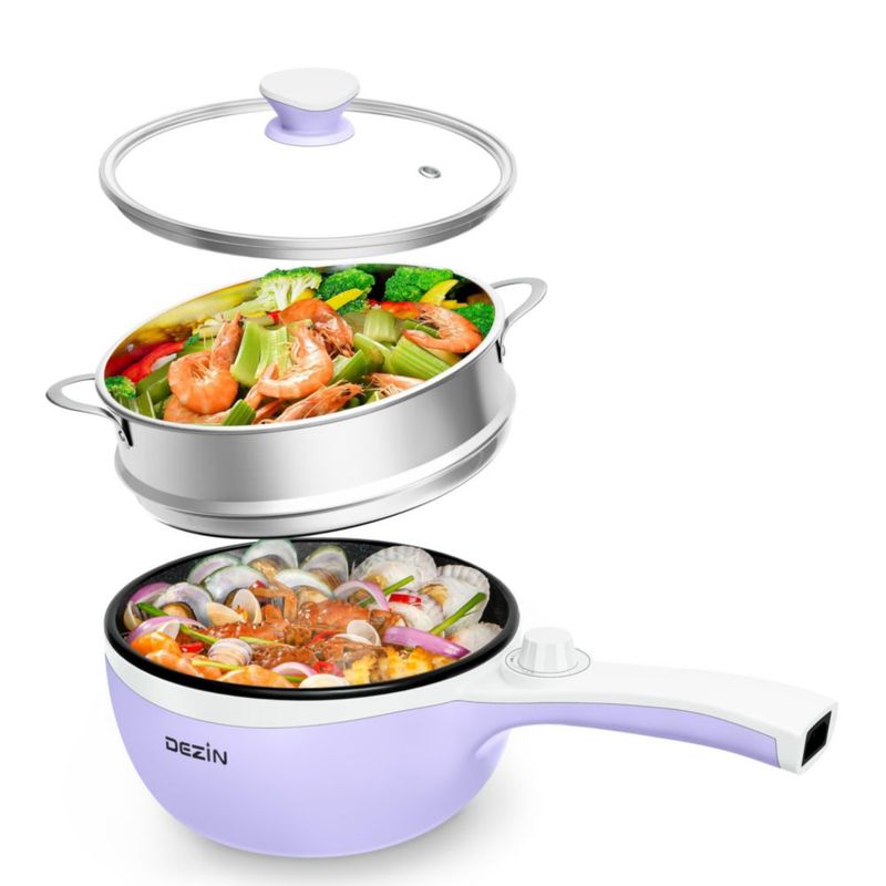 Olla eléctrica Dezin con vaporera mejorada, sartén antiadherente para saltear, olla eléctrica rápida para fideos, mini olla de 1