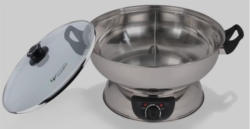 Olla eléctrica de doble cara para shabu shabu LP Living Plus con quemador y tapa de vidrio, 5.0 L, acero inoxidable con control