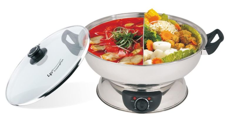 Olla eléctrica de doble cara para shabu shabu LP Living Plus con quemador y tapa de vidrio, 5.0 L, acero inoxidable con control