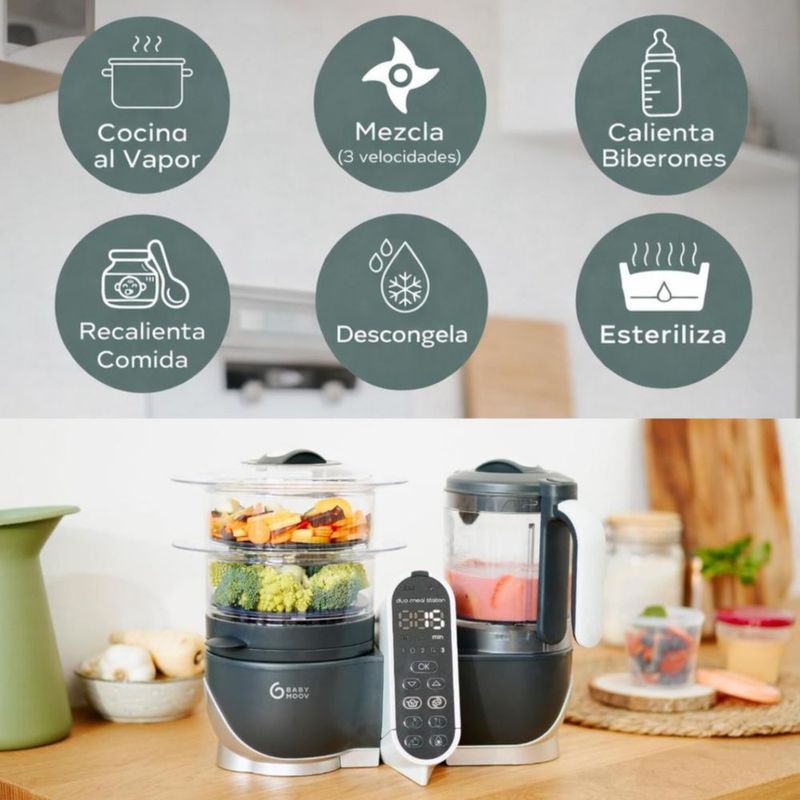 Babymoov Duo Meal Station 6 en 1 – Procesador de Alimentos para Bebé – Con Vaporera, Licuadora, Calentador, Descongelador y Esterilizador - Gris
