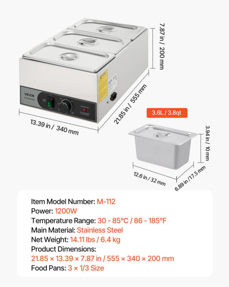Calentador de alimentos VEVOR Commercial eléctrico acero inoxidable 1200 W