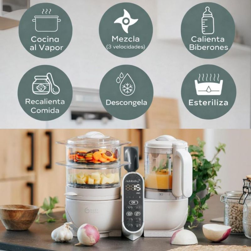Babymoov Duo Meal Station 6 en 1 – Procesador de Alimentos para Bebé – Con Vaporera, Licuadora, Calentador, Descongelador y Esterilizador - Beige
