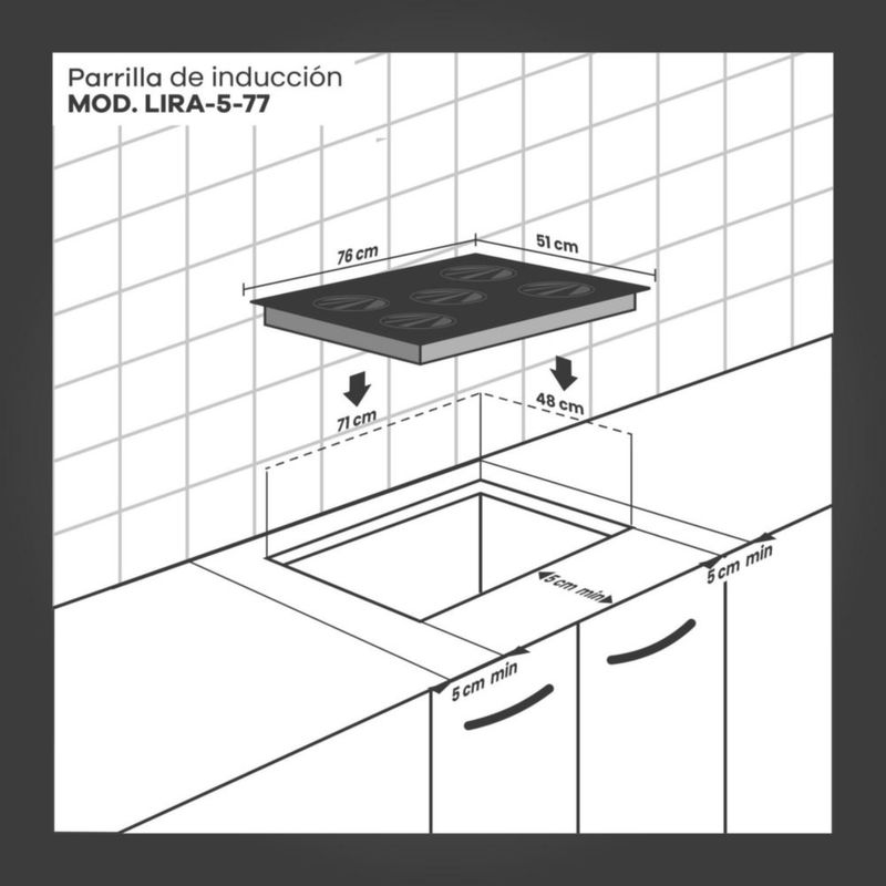 Parrilla inducción ERA 5 quemadores negra control táctil empotrable 127V