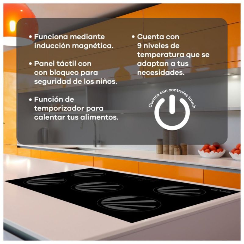 Parrilla inducción ERA 5 quemadores negra control táctil empotrable 127V