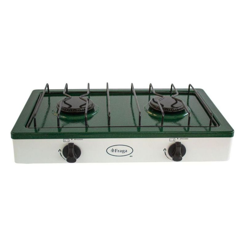Parrilla Fraga 2 quemadores de mesa P104 Porcelanizada en Verde con Blanco.