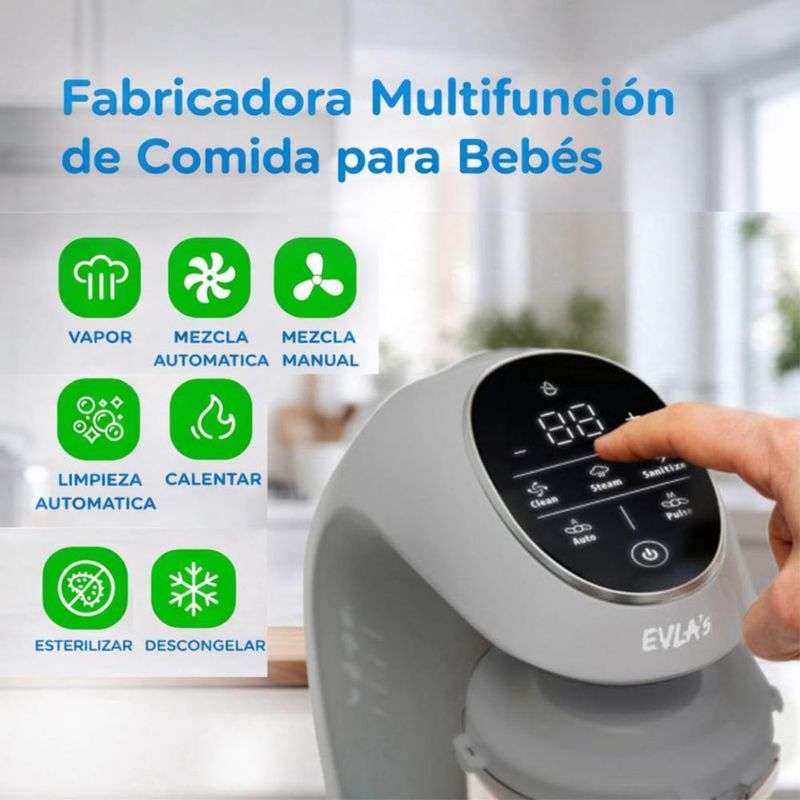 EVLA'S Procesador de Alimentos para Bebé 4 en 1 - Licuadora y Vaporera con Pantalla Táctil con 6 bolsas de alimentos reutilizables incluidas - Gris