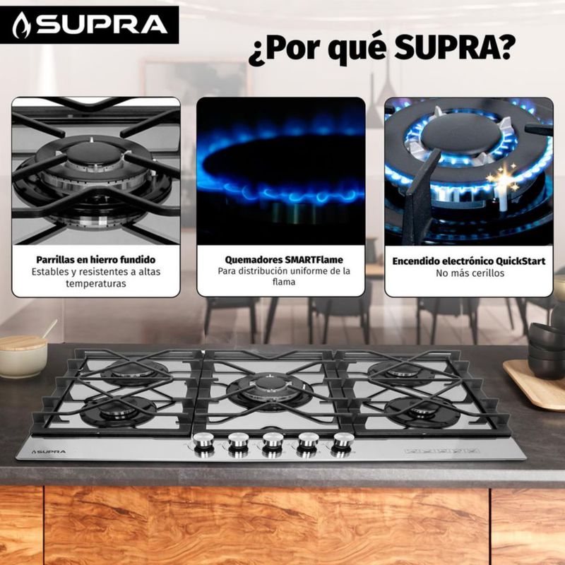 Supra Parrilla Empotrable de Cristal Para Gas de 5 Quemadores 5Q-TM-87