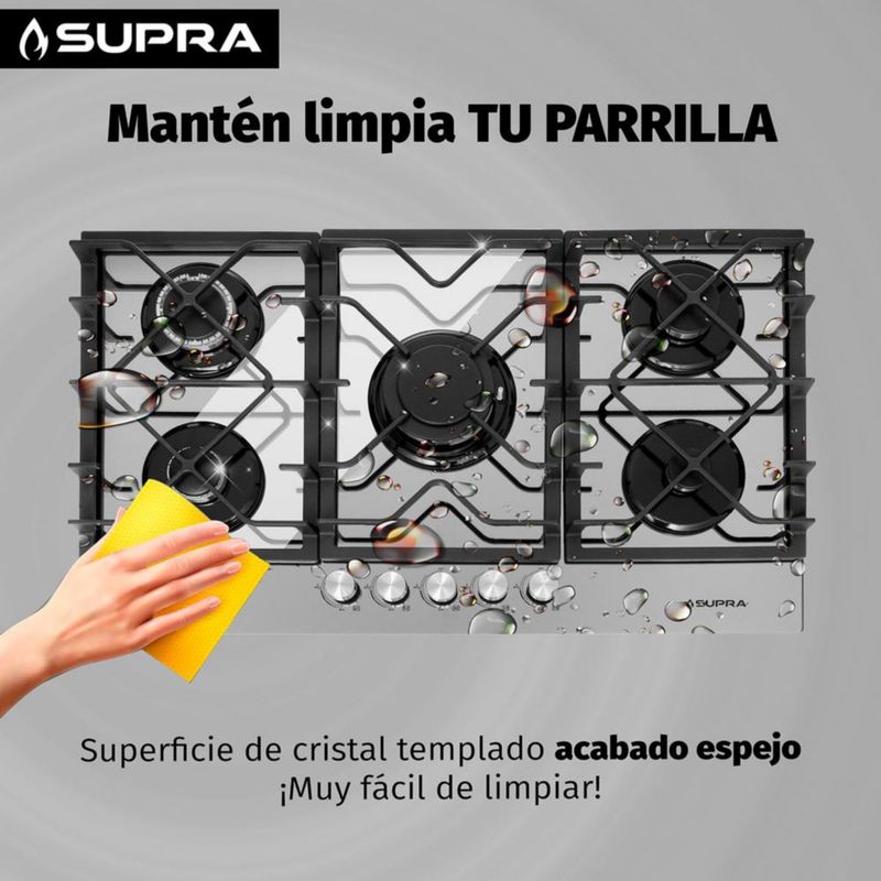 Supra Parrilla Empotrable de Cristal Para Gas de 5 Quemadores 5Q-TM-87