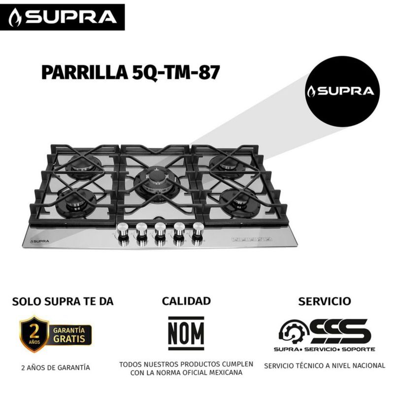 Supra Parrilla Empotrable de Cristal Para Gas de 5 Quemadores 5Q-TM-87