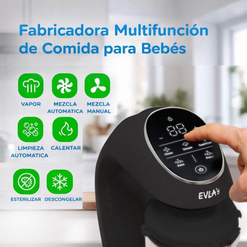EVLA'S Procesador de Alimentos para Bebé 4 en 1 - Licuadora y Vaporera con Pantalla Táctil con 6 bolsas de alimentos reutilizables incluidas - Negro