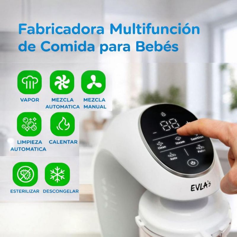 EVLA'S Procesador de Alimentos para Bebé 4 en 1 - Licuadora y Vaporera con Pantalla Táctil con 6 bolsas de alimentos reutilizables incluidas - Blanco