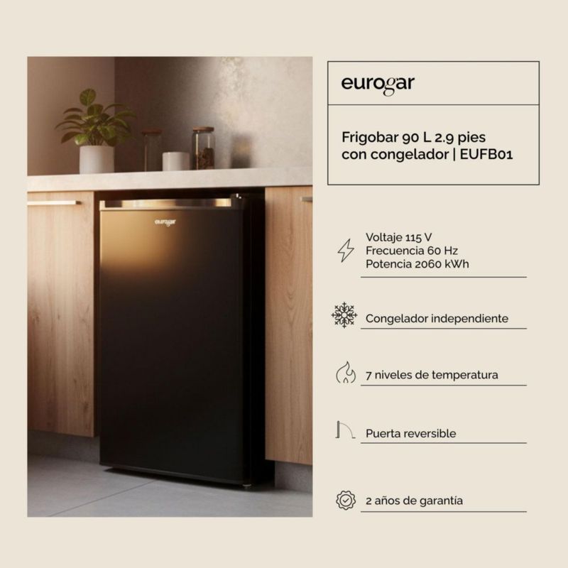 Frigobar con puerta reversible de 2.9 pies, 90 litros EUROGAR