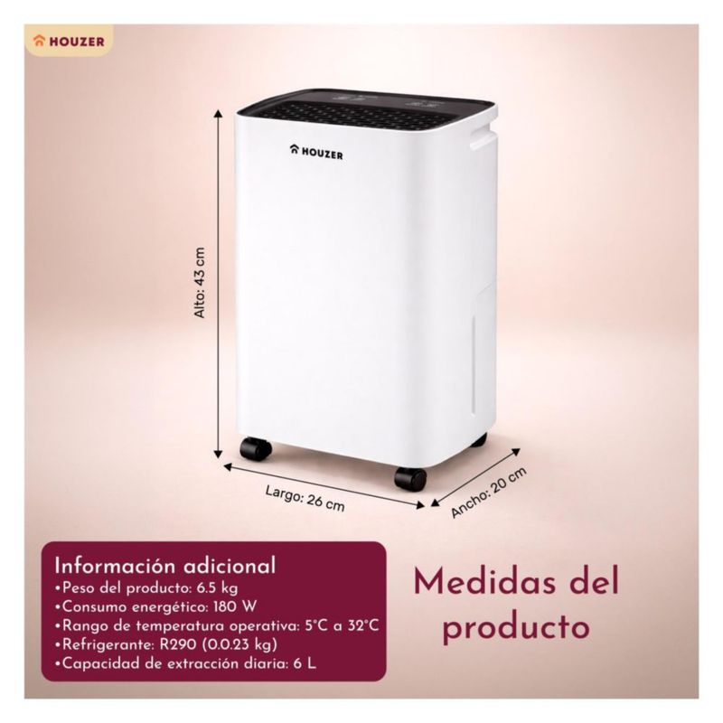 Deshumidificador 6L/dia 120m2 Compresor Silencioso Temporizador 1-24h Drenaje Continuo Pantalla Tactil Tanque 2L Bajo Consumo Portatil Quita Humedad