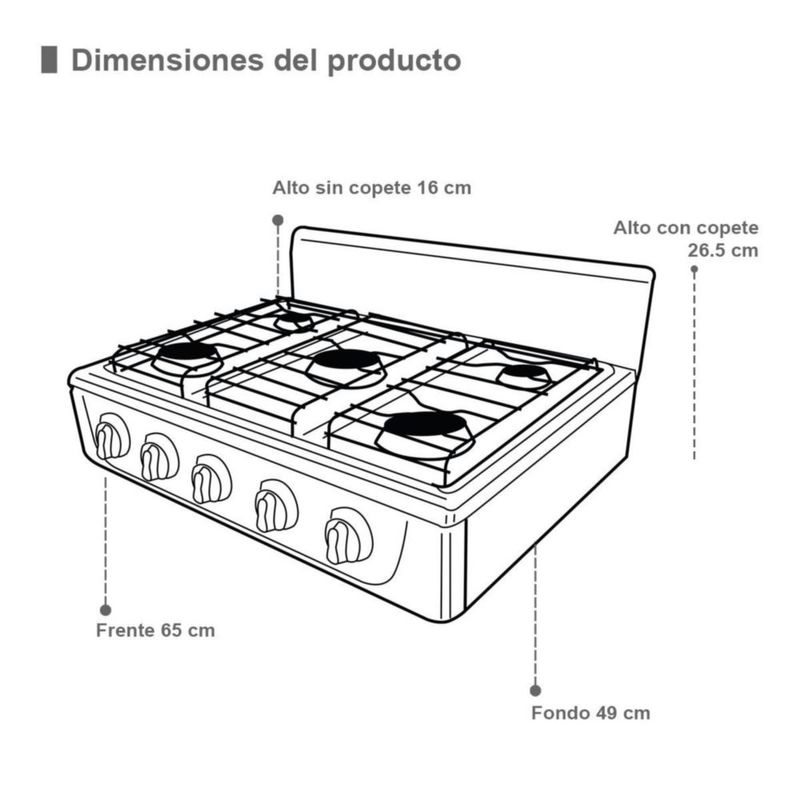 Supra Parrilla de Sobreponer a Gas 5 Quemadores Blanca de 65cm 5Q-B