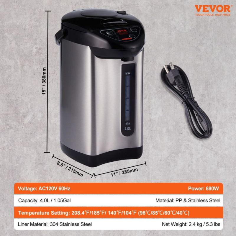 Dispensador de agua caliente VEVOR 4 L de acero inoxidable 4 temperaturas
