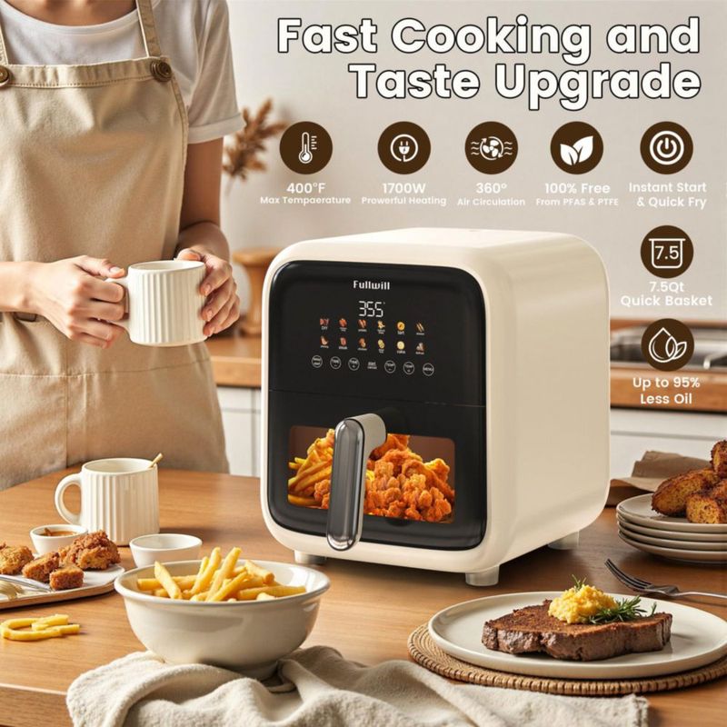 Freidora de aire Fullwill 7.5 QT 12 en 1 1700 W blanco crema