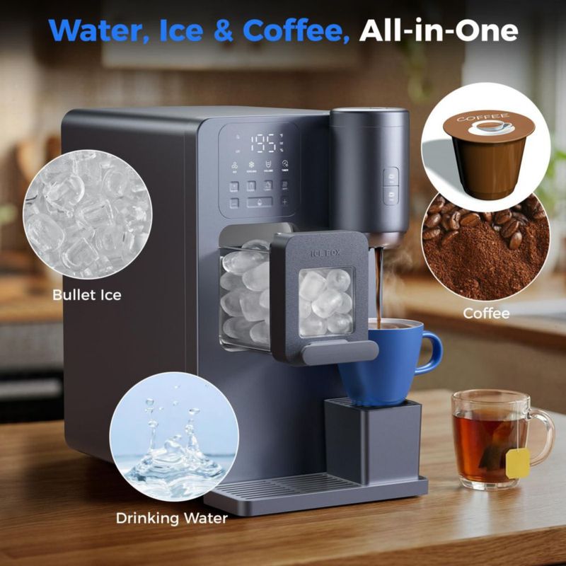 Dispensador de agua 3 en 1 Oylus con fabricador de hielo y cafetera de encimera fabricador de hielo tipo bala con temporizador de 12 h agua
