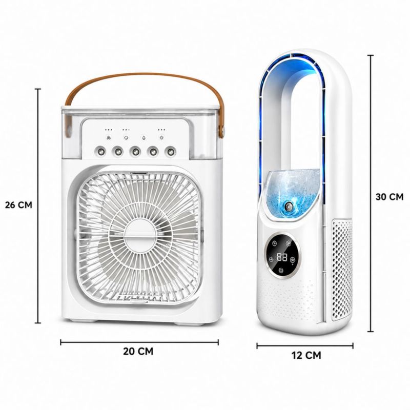 Set Ventilador Sin Aspas con Humidificador 6 Velocidades + Mini Aire Acondicionado Portátil USB 4 en 1, Tanque 600 ml, Oscilación y Luz LED