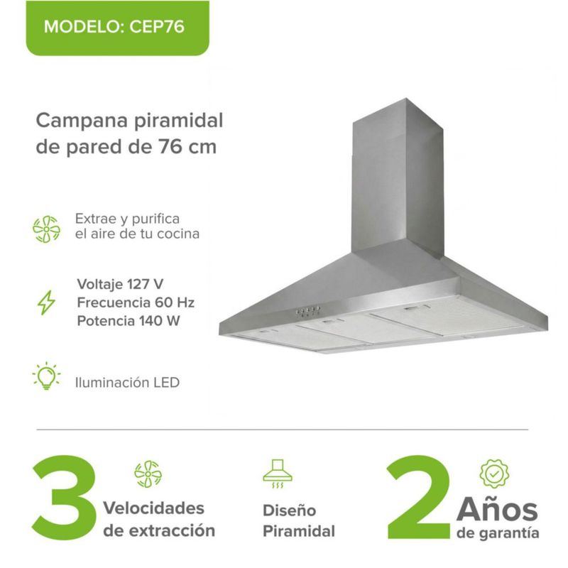 Campana de Pared Piramidal 76cm Acero inoxidable Avera CEP76