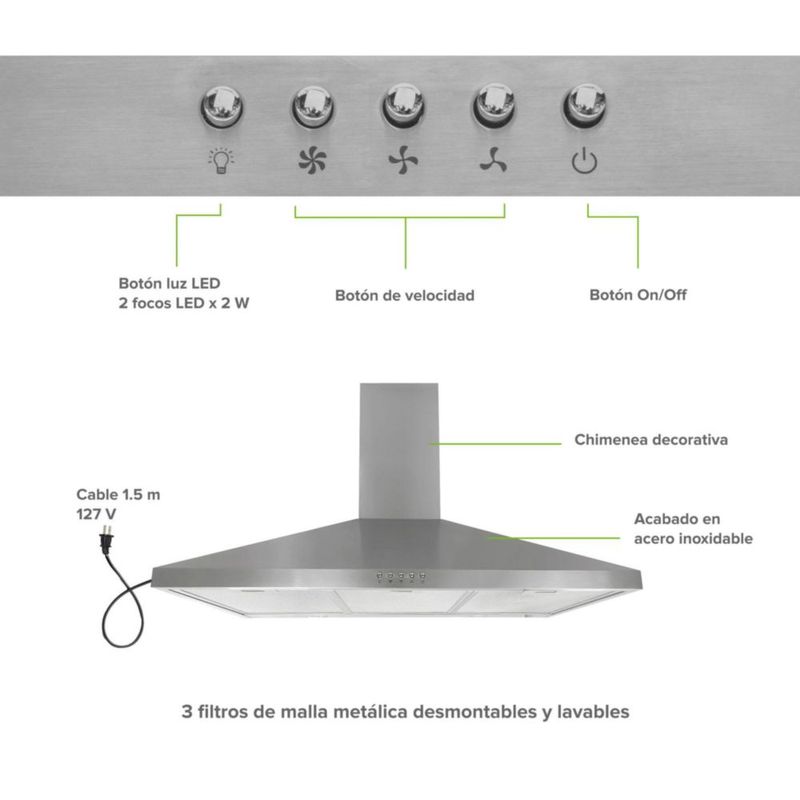 Campana de Pared Piramidal 76cm Acero inoxidable Avera CEP76