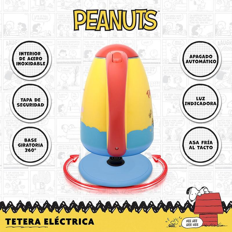 SNOOPY Peanuts Tetera Eléctrica 1.8L 1100W de Acero Inoxidable con Apagado Automático, Base Giratoria 360° y Asa Fría al Tacto, PS-180