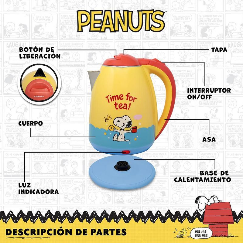 SNOOPY Peanuts Tetera Eléctrica 1.8L 1100W de Acero Inoxidable con Apagado Automático, Base Giratoria 360° y Asa Fría al Tacto, PS-180