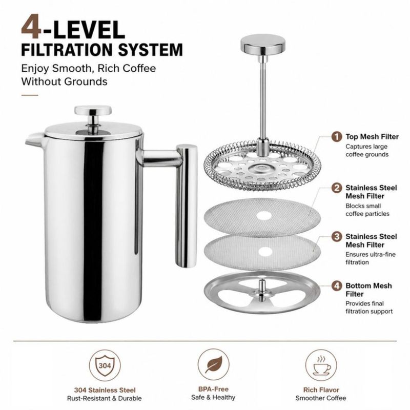 Prensa Francesa Highwin 350 ml Acero Inoxidable Plateado