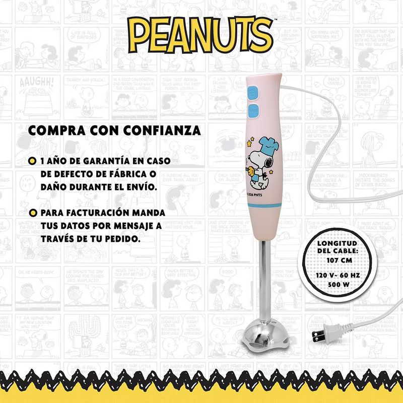 SNOOPY Peanuts Batidora de Inmersión 500W de Acero Inoxidable y Botón Turbo para Purés, Papillas y Smoothies, PS-1204
