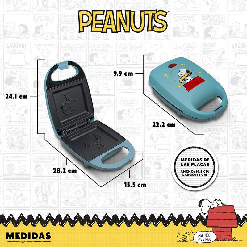 SNOOPY Peanuts Sandwichera Eléctrica Antiadherente Azul, Placas que Graban la Carita de Snoopy, Luz Indicadora, Ideal para Sándwiches, PS-SW1