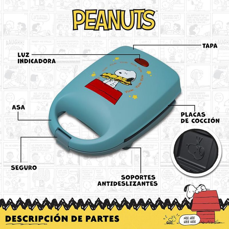 SNOOPY Peanuts Sandwichera Eléctrica Antiadherente Azul, Placas que Graban la Carita de Snoopy, Luz Indicadora, Ideal para Sándwiches, PS-SW1