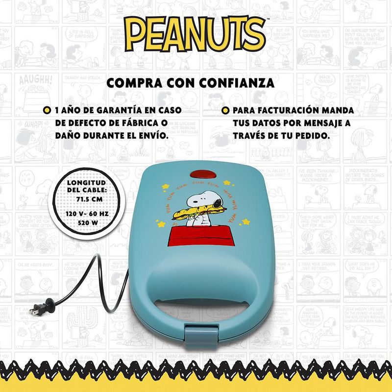 SNOOPY Peanuts Sandwichera Eléctrica Antiadherente Azul, Placas que Graban la Carita de Snoopy, Luz Indicadora, Ideal para Sándwiches, PS-SW1
