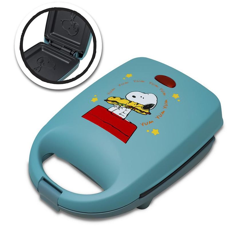 SNOOPY Peanuts Sandwichera Eléctrica Antiadherente Azul, Placas que Graban la Carita de Snoopy, Luz Indicadora, Ideal para Sándwiches, PS-SW1
