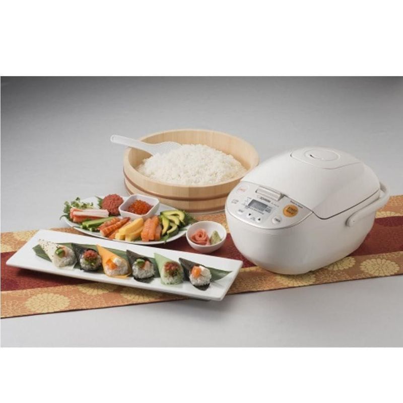 Olla Arrocera y Calentadora Micom Zojirushi (10 Tazas/Beige) Conjunto con Libro de Cocina Pinzas de Cocina (Acero Inoxidable Negro) y Cuchara de Bambú
