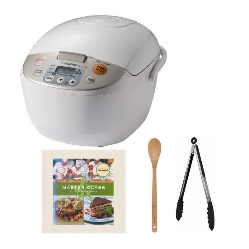 Olla Arrocera y Calentadora Micom Zojirushi (10 Tazas/Beige) Conjunto con Libro de Cocina Pinzas de Cocina (Acero Inoxidable Negro) y Cuchara de Bambú