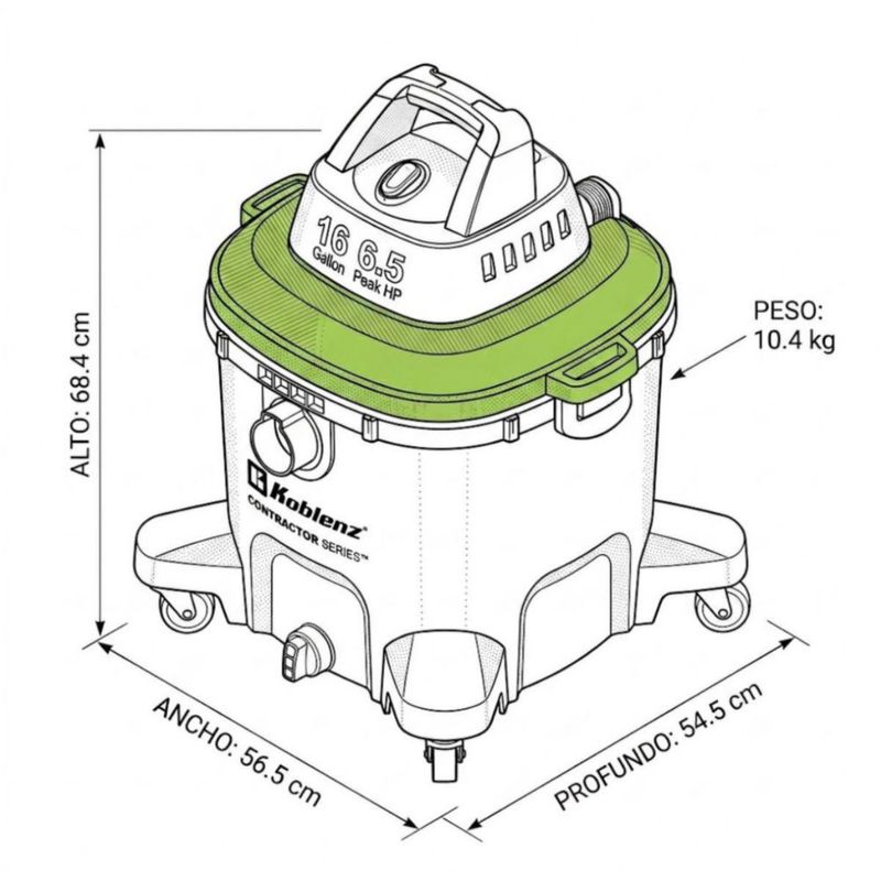 Aspiradora Koblenz WD-16-C4C 16gal Uso Rudo Seco/Mojado 6.5HP