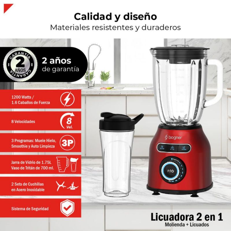 Licuadora 2 En 1 Con Vaso Para Licuados Bogner 1200w Color Roja BSB04