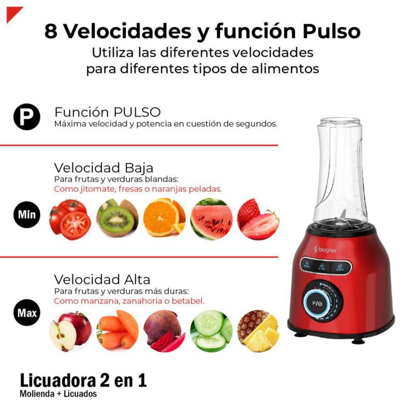 Licuadora 2 En 1 Con Vaso Para Licuados Bogner 1200w Color Roja BSB04