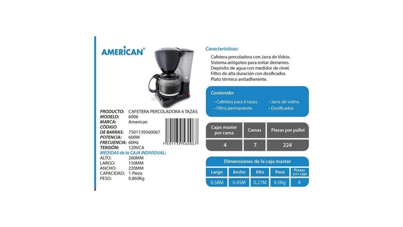 Cafetera 6 tazas con jarra de vidrio American