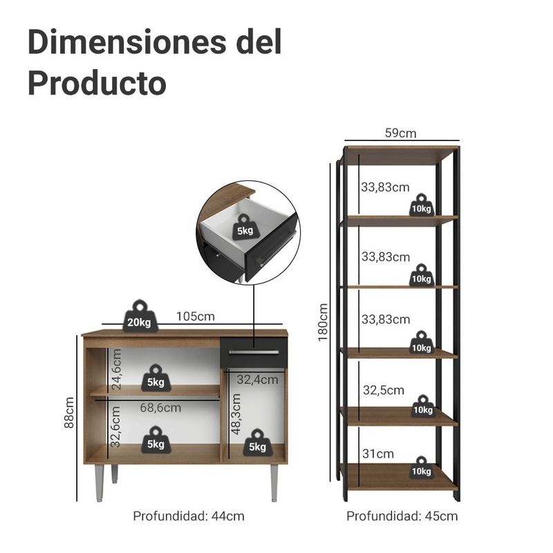 Kit gabinete y despensa de cocina madesa marrón/negro