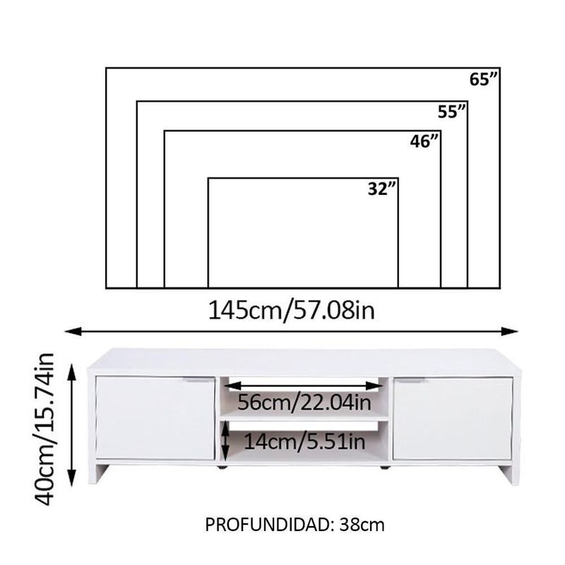 Mueble mesa para tv rack madesa 2 puertas hasta 65 blanco