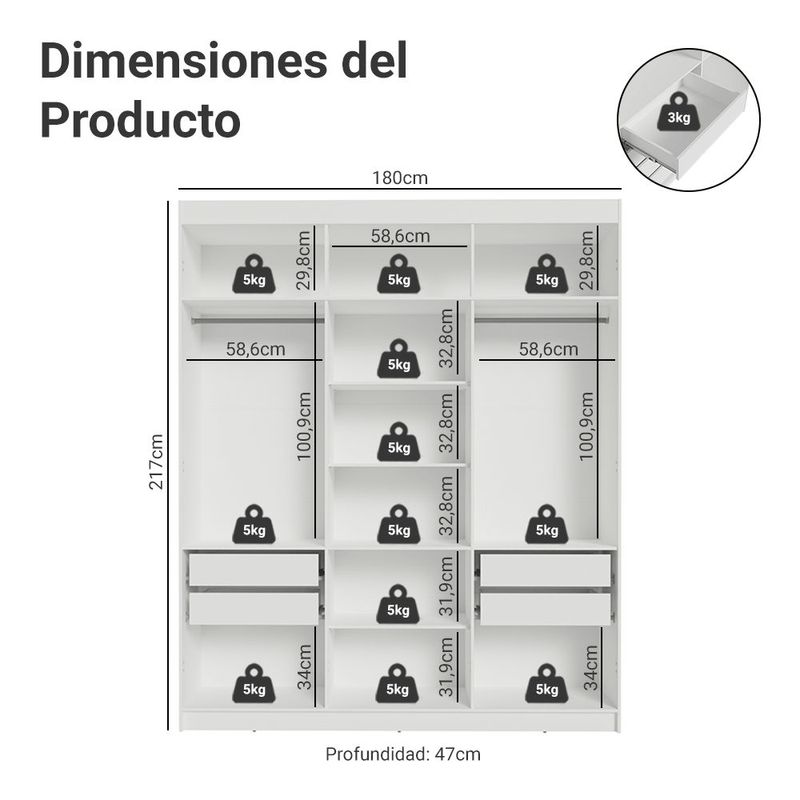Ropero closet madesa venus 6 puertas con espejo bm