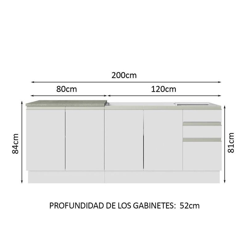Mueble de cocina 200cm con tarja glamy blanco 01