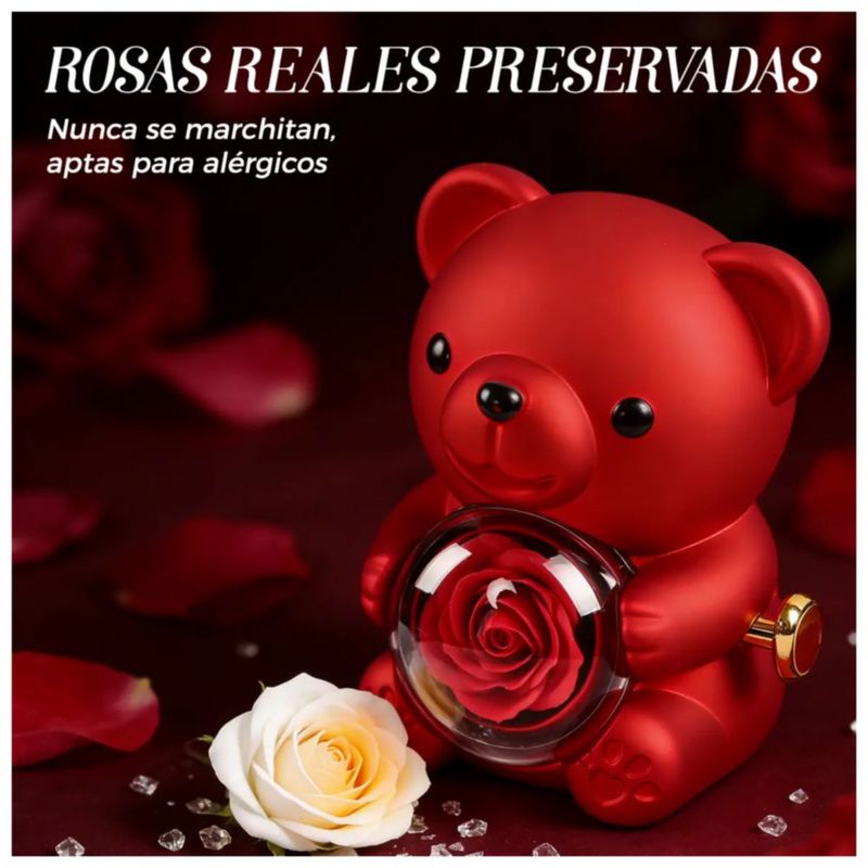Flores Artificiales Oso Rosa Eternas Regalo Mujer Con Collar, Color Rojo