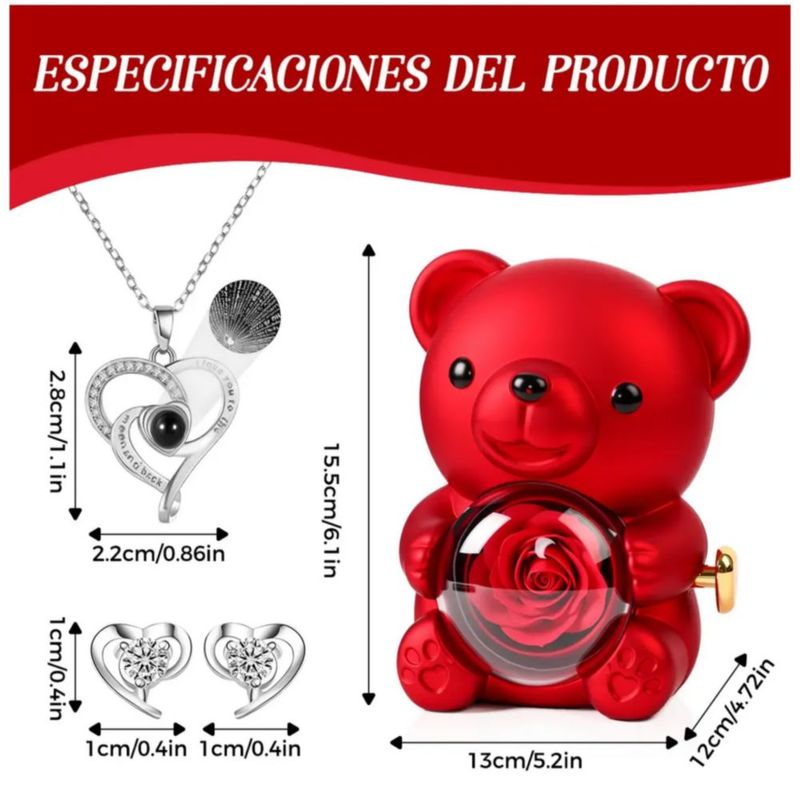 Flores Artificiales Oso Rosa Eternas Regalo Mujer Con Collar, Color Rojo