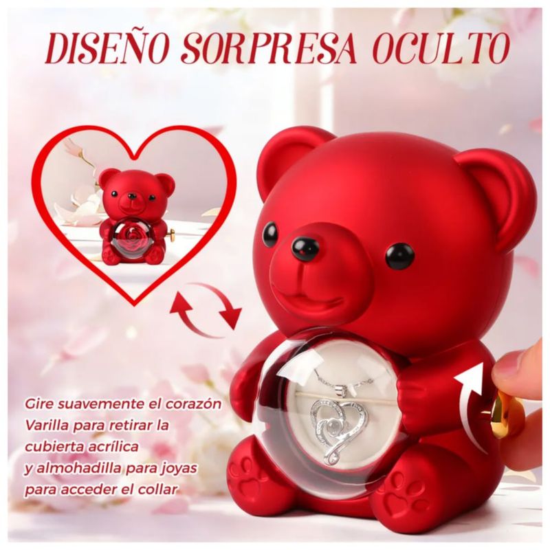 Flores Artificiales Oso Rosa Eternas Regalo Mujer Con Collar, Color Rojo