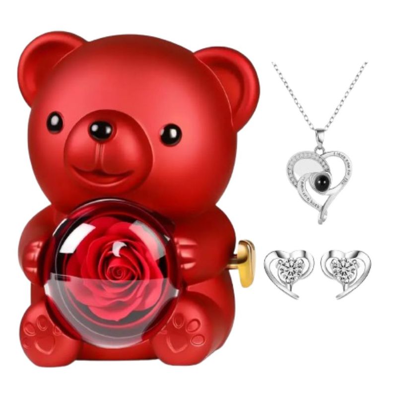 Flores Artificiales Oso Rosa Eternas Regalo Mujer Con Collar, Color Rojo
